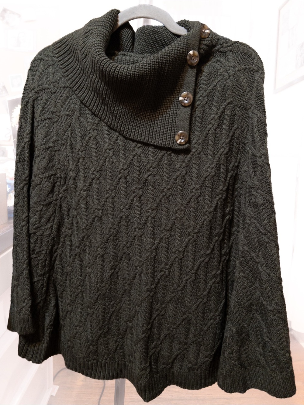 Tantrums S/M Olive Green Cable Knit Sweater Poncho Cape Button Cowl Neck